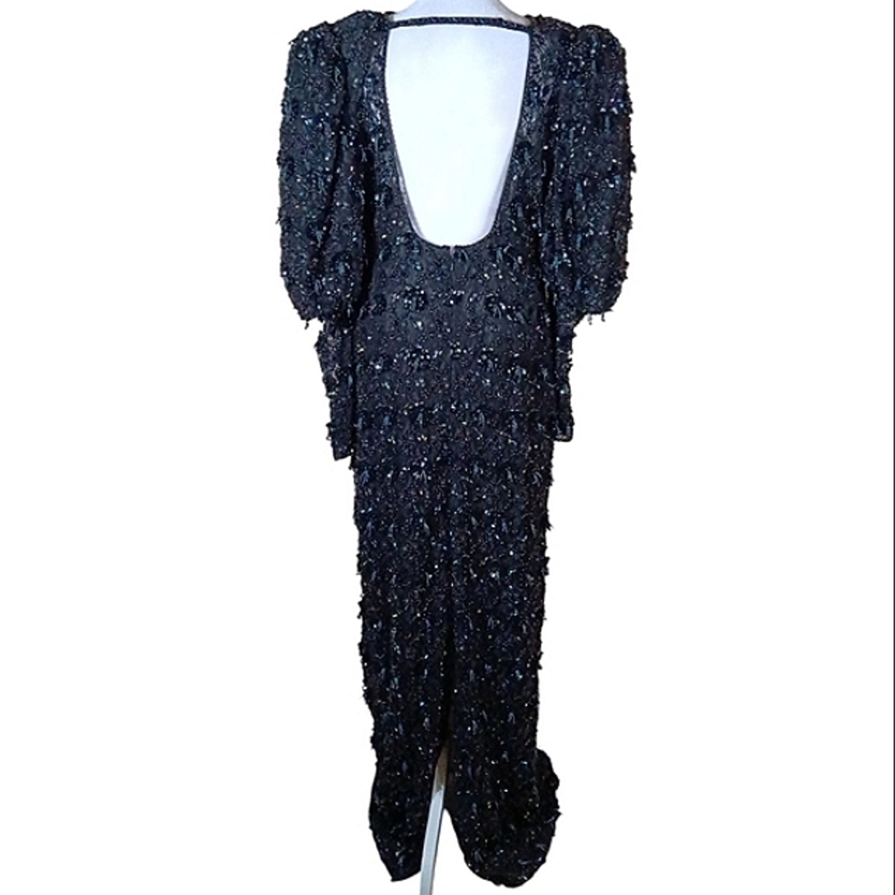Black Tie By Oleg Cassini Beaded Puff Sleeve Formal Gown - Picture 4 of 12